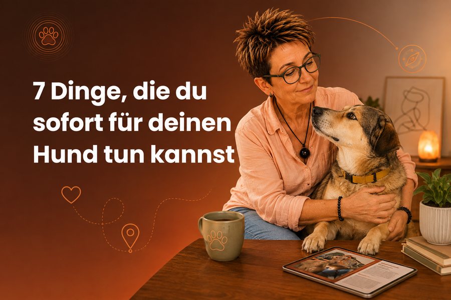 Kerstin sitzt mit ihrem Hund am Tisch, daneben ein Tablet, Überschrift 7 Dinge, die du sofort für deinen Hund tun kannst