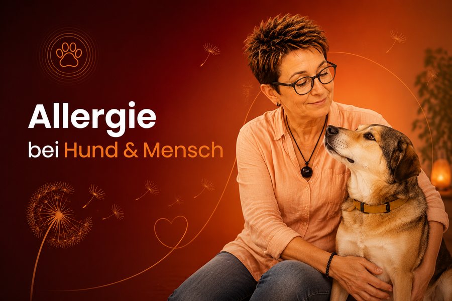 Kerstin sitzt mit ihrem Hund vor orangefarbenem Hintergrund mit Pusteblumen, Überschrift Allergie bei Hund und Mensch