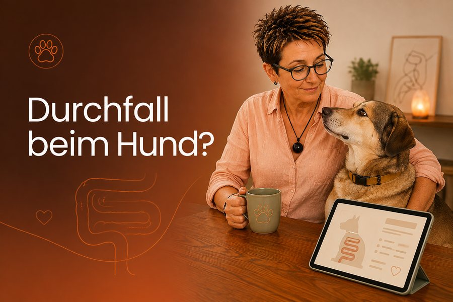 Kerstin sitzt mit einer Tasse und ihrem Hund am Tisch, daneben ein Tablet, Überschrift Durchfall beim Hund