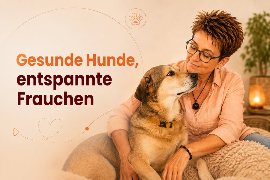 Kerstin sitzt mit ihrem Hund auf dem Sofa, Überschrift Gesunde Hunde, entspannte Frauchen