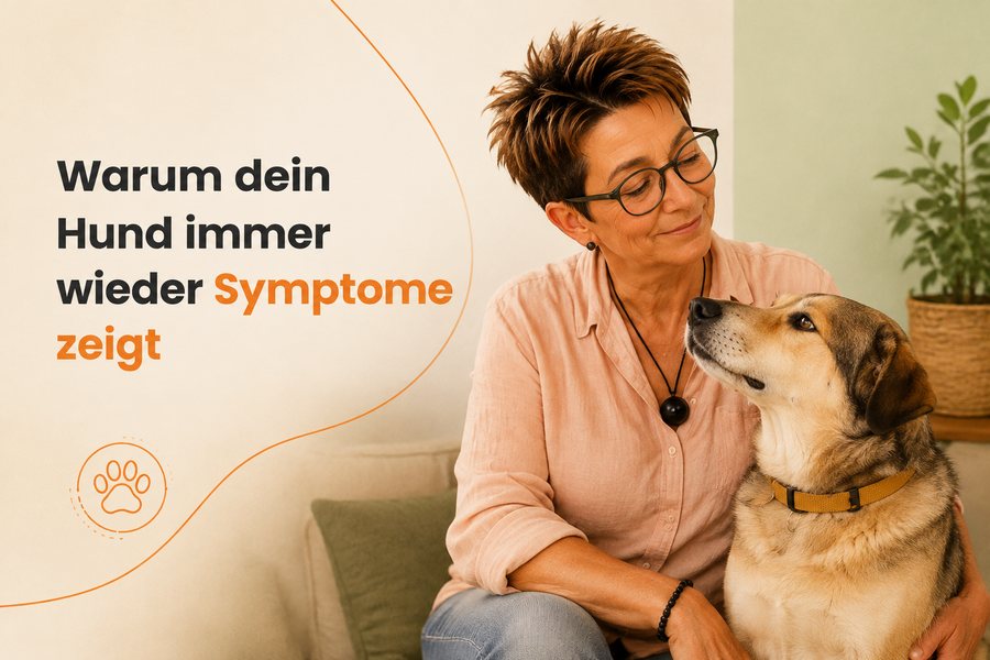 Kerstin sitzt mit ihrem Hund auf dem Sofa, Überschrift Warum dein Hund immer wieder Symptome zeigt